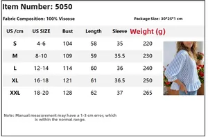 Detailed size chart for women's blue and white striped button-up shirt with 3/4 sleeves