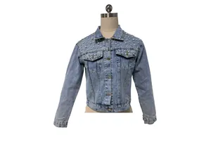 Women's short denim jacket featuring elegant pearl beaded shoulder and pocket details.