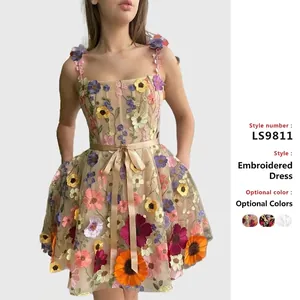 Robe Courte Moulante à Broderie Florale 3D pour Femmes à Fines Bretelles Sexy Robe de Soirée avec Ceinture Robe de Cocktail
