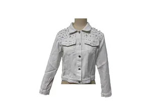 Detailed view of women's white short denim jacket featuring elegant pearl beading