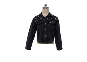 Detail view of black cropped denim jacket with white pearl embellishments on shoulders