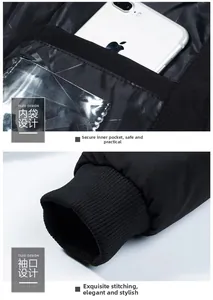 Detailed view of internal security pocket and ribbed cuffs on a men's winter padded jacket.
