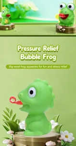Detail of a green dinosaur squeeze toy with a popping red tongue for stress relief
