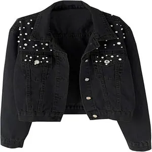 Black cropped denim jacket for women featuring white pearl embellishments on the shoulders.