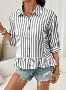 Close-up detail of women's striped button-down shirt with 3/4 sleeves and ruffle hem.
