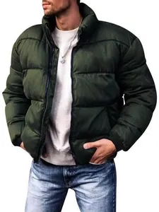 Men's dark green winter puffer jacket with thick stand collar and warm padding