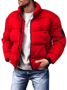Men's red winter puffer jacket with stand collar and quilted design for warmth.
