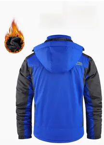 Back view of blue outdoor storm jacket featuring warm fleece lining and hooded design detail