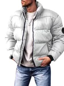 Men's silver winter padded jacket with stand-up collar and black zippers