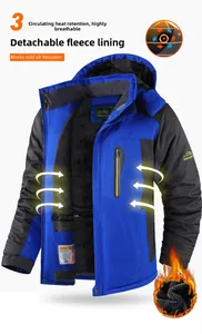 Close-up detail of blue outdoor winter jacket showing removable warm fleece lining