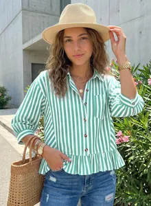 Green and white striped button-down shirt with 3/4 sleeves and ruffle hem for women