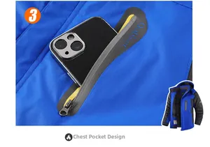 Detail view showing the spacious waterproof chest pocket on a blue fleece-lined outdoor jacket