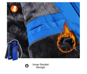 Close-up detail of blue outdoor jacket inner fleece lining featuring inner pocket design