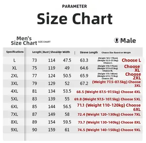 Detailed men's plus size outdoor jacket size chart with measurements from size L up to 9XL
