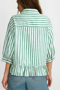 Back view of a casual green striped shirt with three-quarter sleeves and ruffles.