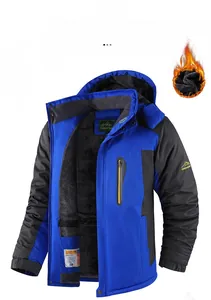 Waterproof blue outdoor jacket for men with thick warm fleece lining and hooded detail