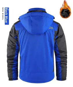 Back view of blue fleece-lined winter outdoor jacket with hood and windproof fabric