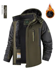 Detail view of military green fleece-lined winter jacket with hood