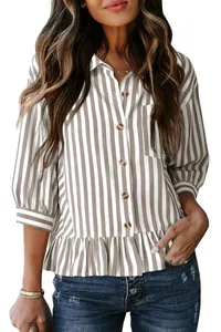 Detail of women's khaki striped button-up shirt with 3/4 sleeves and ruffle hem
