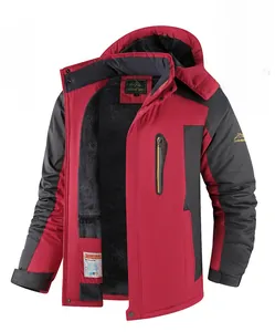Detail of red hooded outdoor jacket with soft fleece lining for winter warmth and protection