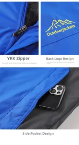 Detailed close-up of the YKK zipper and side pocket on a blue windproof outdoor jacket