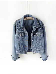 Women Short Denim Jacket Cotton Beaded Pearl Embellished Long Sleeve Casual Outwear Button Down Relaxed Fit Fashion Top