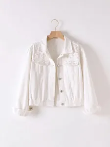 Elegant white short denim jacket for women featuring pearl bead embellishments and loose fit.
