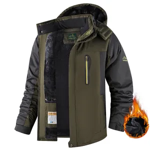 Heavyweight men's winter outdoor hooded jacket with warm fleece lining in olive green
