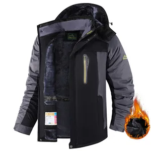 Men's outdoor fleece lined jacket with hood, black and grey windproof winter parka