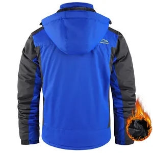 Men's blue and grey outdoor hooded jacket with thick warm fleece lining for winter