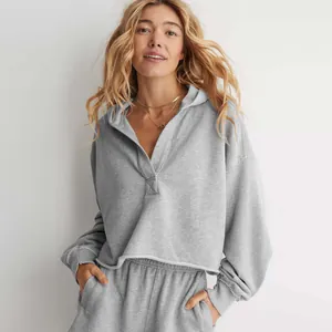 Set felpa grigia oversize con scollo a V per donna con maniche lunghe vestibilità comoda