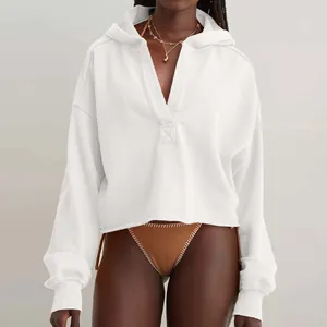Felpa con cappuccio bianca alla moda con scollo a V vestibilità ampia da donna a maniche lunghe