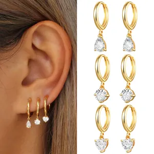 Ins Style Brass Rhinestone Heart Round Pear Stud Earrings Gold Silver Plated Geometric Jewelry For Women Party Gift