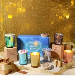 Macro view of colorful plated starry glass scented candles with patterned lids