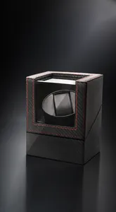 Single automatic watch winder box with carbon fiber finish and red stitching detail