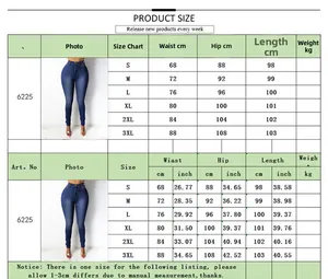 Detailed size chart for high-waisted slim pencil jeans with cm and inch measurements
