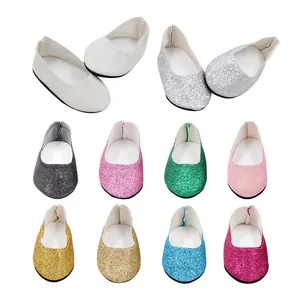 Colorful glitter ballet flats in multiple shades for 18-inch American girl dolls shoes detail