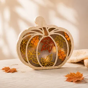Thanksgiving Wooden Pumpkin LED Decoration Fall Harvest Festival Maple Leaf Hollow Ornament Home Desktop Sign Decor