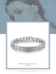 Detailed view of men's stainless steel hollowed curved plate bracelet with geometric pattern.