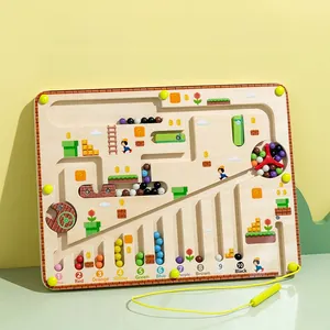 Detail view of a wooden magnetic number maze toy featuring colorful beads and pipes.
