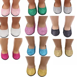 Set of colorful 18-inch doll glitter ballet flats in ten shimmering vibrant shades