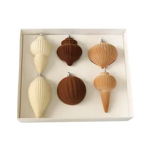 Set of 6 flocked Christmas ornaments in vintage earth tones and irregular shapes