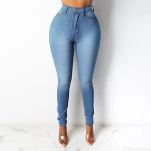 Light blue high waisted skinny denim pencil pants for women showing a slim fit silhouette