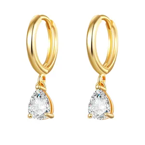Elegant gold plated hoop earrings featuring pear-shaped clear cubic zirconia drops