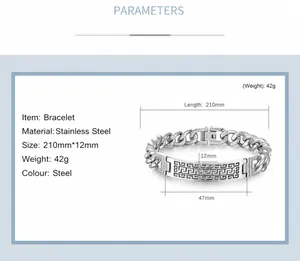 Detailed specs for men's stainless steel bracelet with Greek key pattern