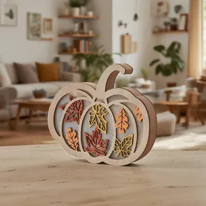 Artistic wooden pumpkin tabletop decoration for Thanksgiving with maple leaf motifs
