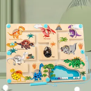 Detailed view of wooden magnetic dinosaur maze with colorful beads and counting numbers
