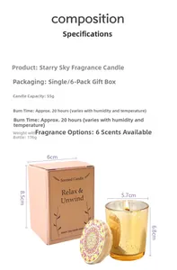 Detailed view of a golden starry glass scented candle with dimensions and gift packaging.