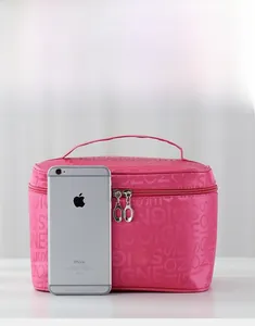 Confronto dettagliato delle dimensioni tra un grande beauty case rosa e uno smartphone