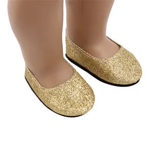 Detailed view of shimmering gold glitter slip-on shoes for 18-inch American Girl dolls